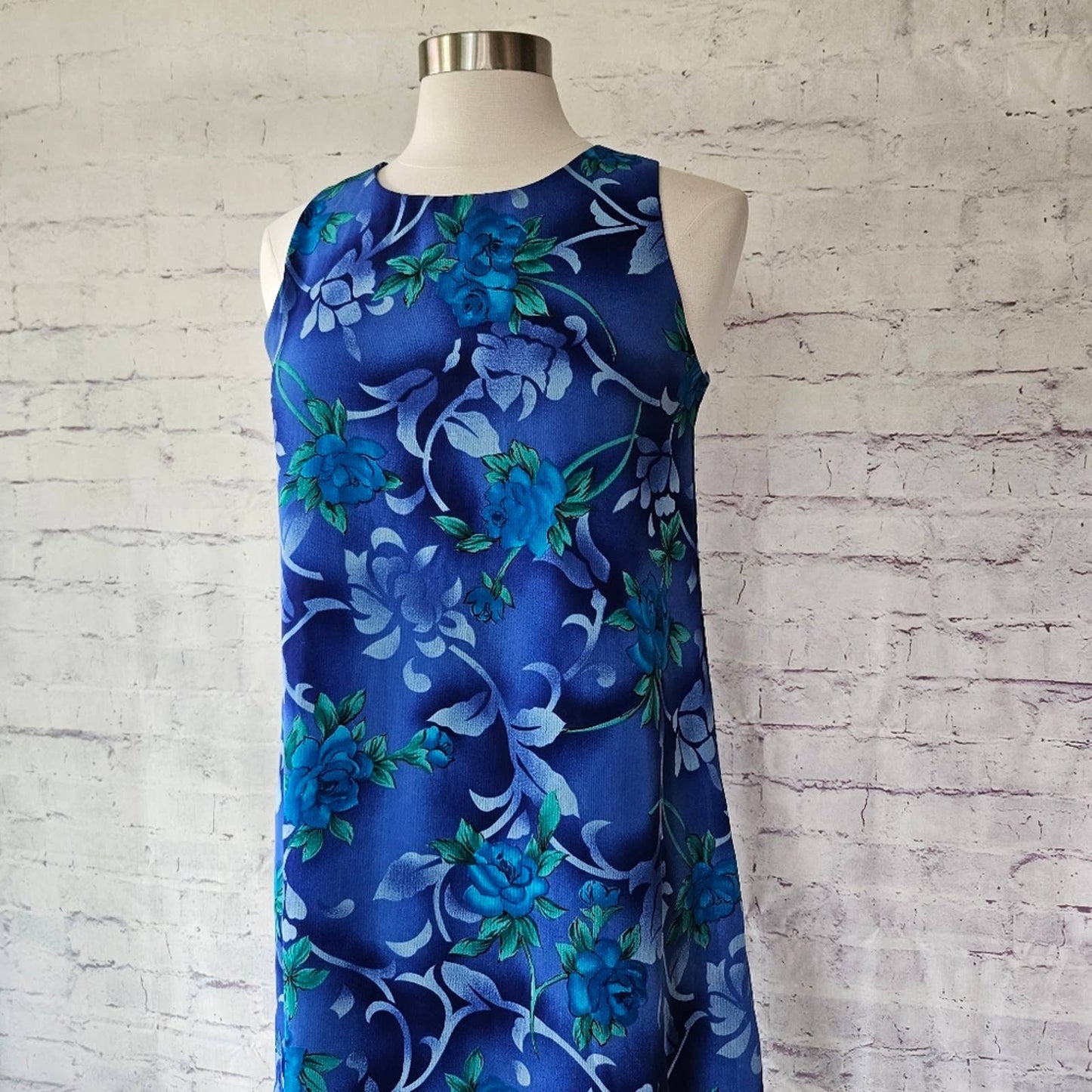 Vintage 90s All That Jazz Blue Teal Floral Sleeveless Shift Dress