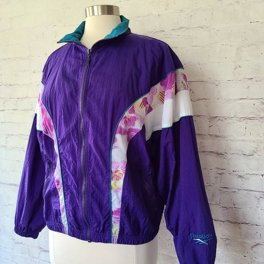 Vintage Reebok Purple Teal Zip Front Mock Neck Nylon Windbreaker Jacket