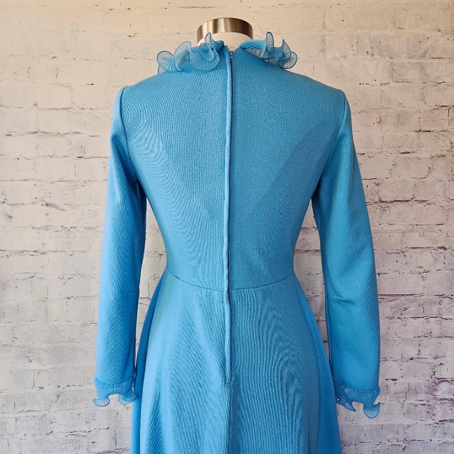 Vintage 70s Sky Blue Micropleat Ruffle Long Sleeve Maxi Dress ILGWU Made in USA