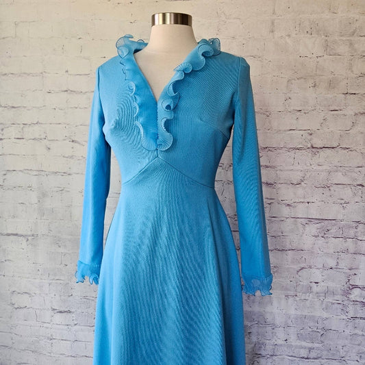 Vintage 70s Sky Blue Micropleat Ruffle Long Sleeve Maxi Dress ILGWU Made in USA