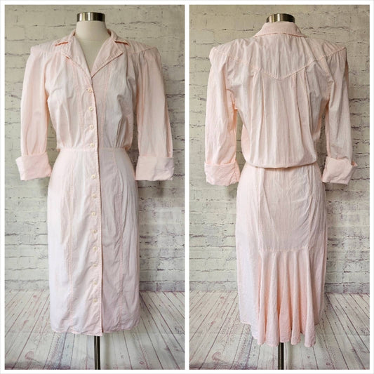 Vintage 80s Dawn Joy Fashions Light Pink Cotton Half Sleeve Secretary Dress