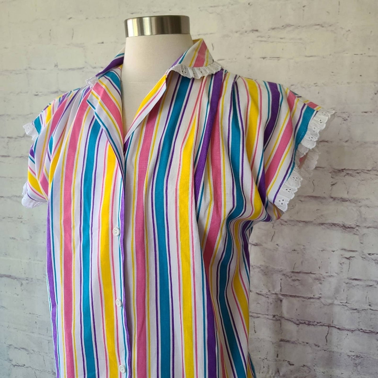 Vintage 80s J.F.I. Colorful Stripe Short Sleeve Button Front Top Lace Trim Small