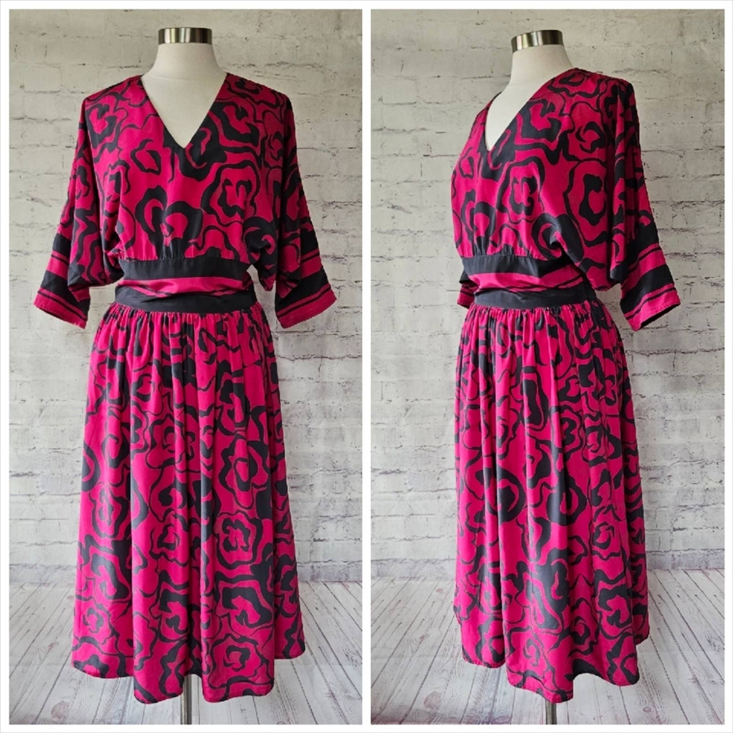 Vintage Maggie Boutique Dolman Sleeve Abstract Floral Pink Dark Teal Dress 12