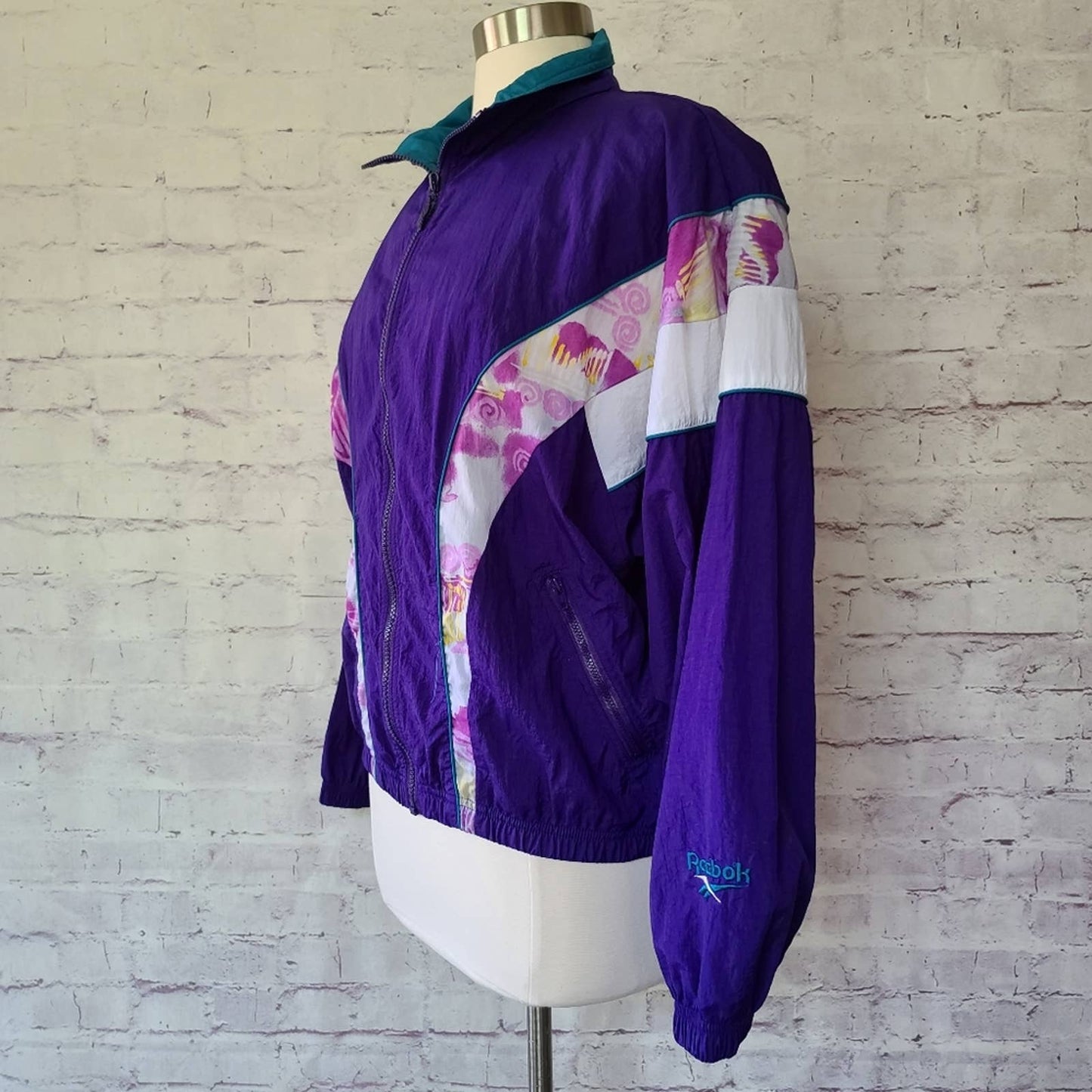 Vintage Reebok Purple Teal Zip Front Mock Neck Nylon Windbreaker Jacket